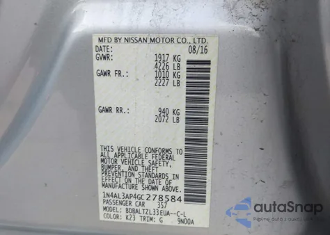 2016 Nissan Altima 2.5 Sl z USA, uszkodzony, nr VIN 1N4AL3AP4GC278584